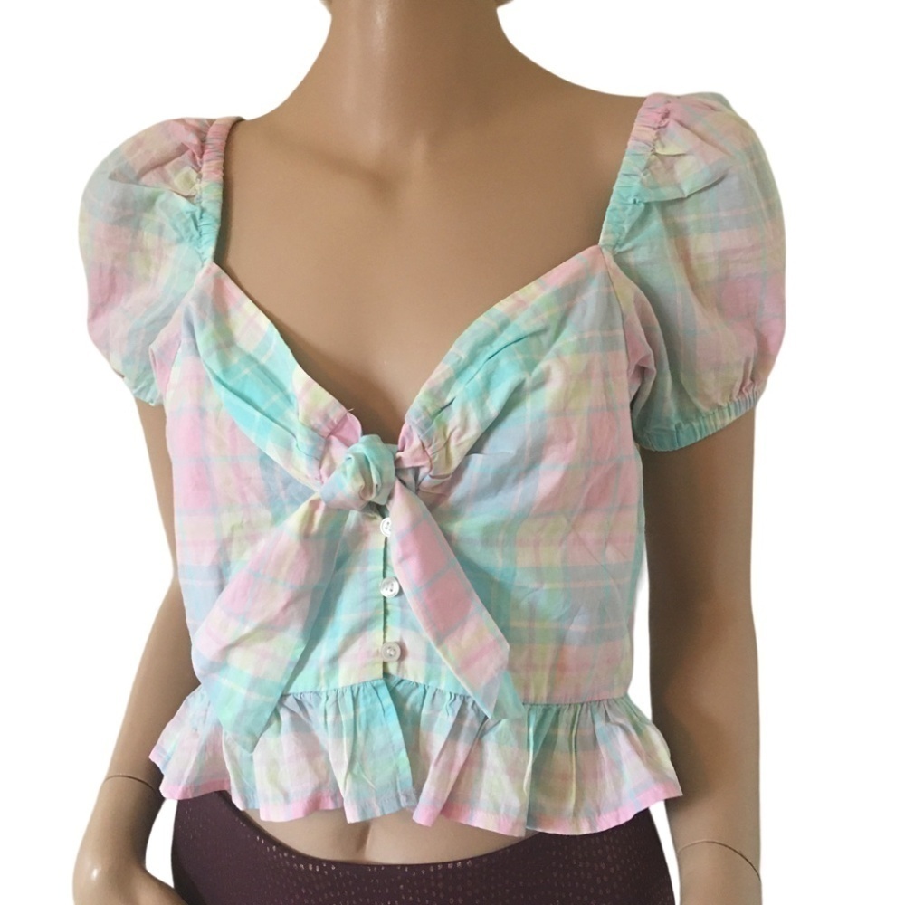 NORDSTROM ABOUND Blouse Pretty Pastel Plaid Tartan Cotton Top Front Bow Tie - Picture 2 of 11